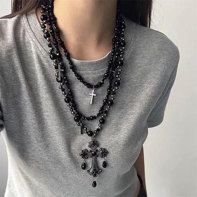 Dolce Fresco Collana Croce Nera Heavy Industry Goth Punk Girocollo Multistrato Indossato Impilato Vintage Pendente Versatile Catena Clavicola