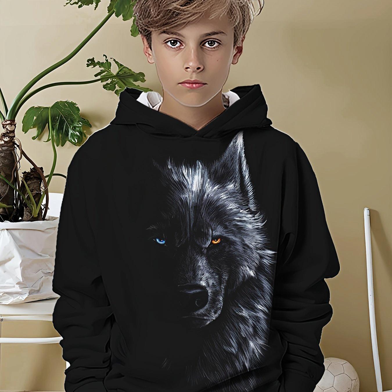 

1. Casual Hoodie - Random Wolf Pattern Printed Four Seasons Comfortable, Machine Washable Regular Hoodie 13-14Y