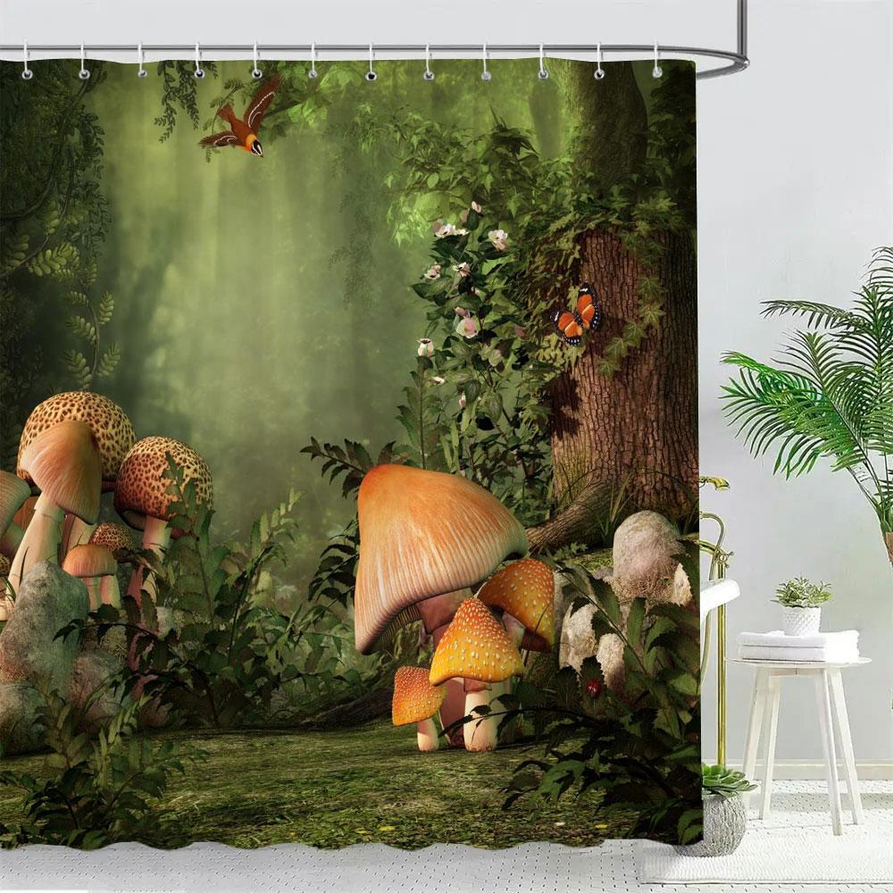 Fantasy Forest Mushroom House Shower Curtain Pretty Cartoon Pattern Polyester Fabric Kids Bath Curtain Bathroom Decor With Hooks