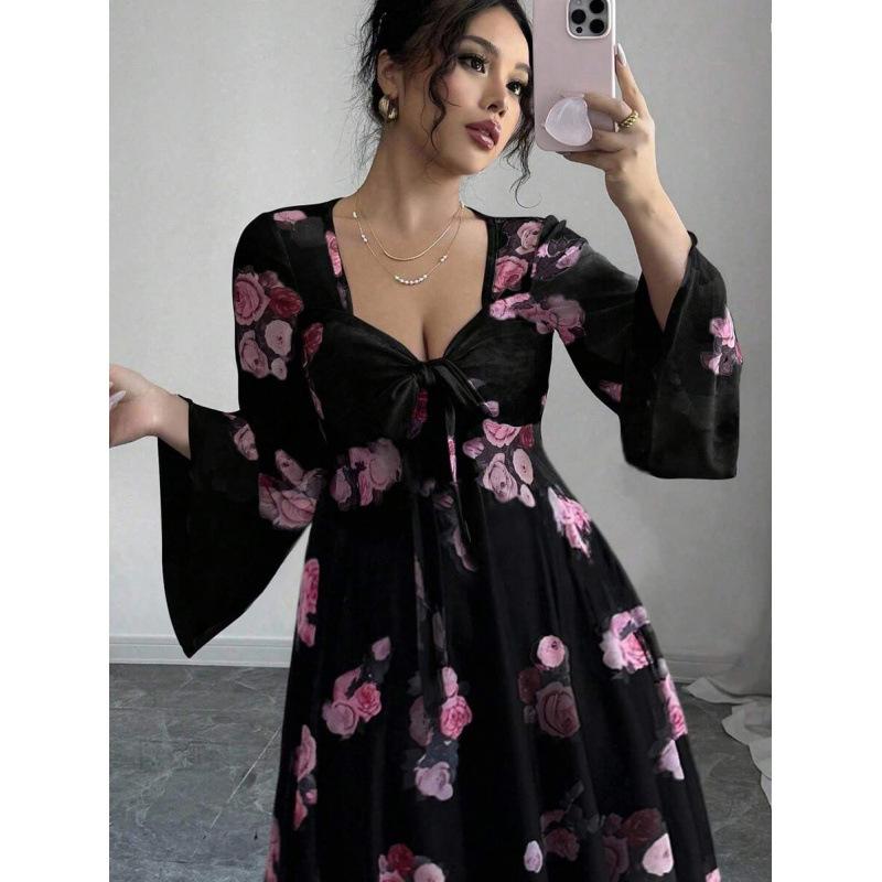 Europe, America 2026 summer new fashion elegant rose print V-neck irregular dress S