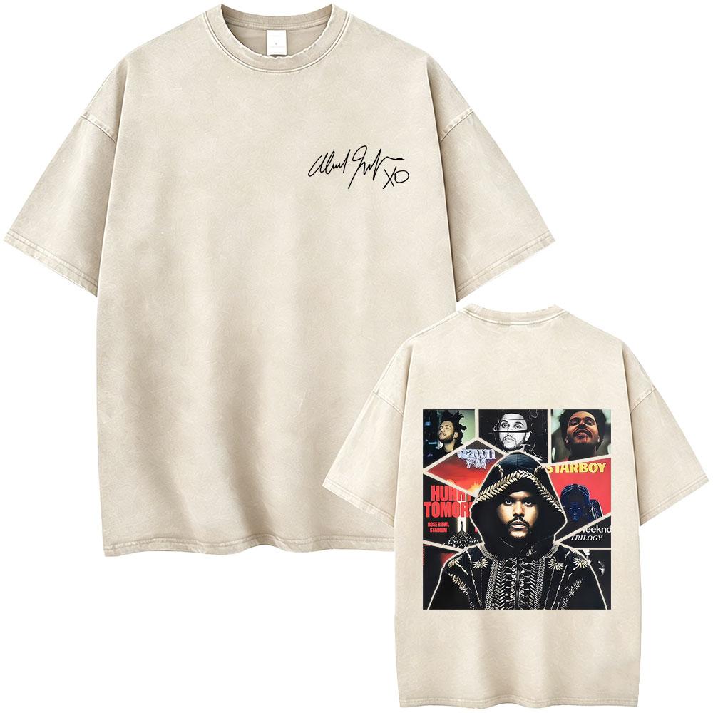 Vintage Gewaschen The Weeknd Starboy Album Grafik T-Shirt Herren Damen Hip Hop Mode Popmusik T-Shirts Männlich Lässig Baumwoll-T-Shirts