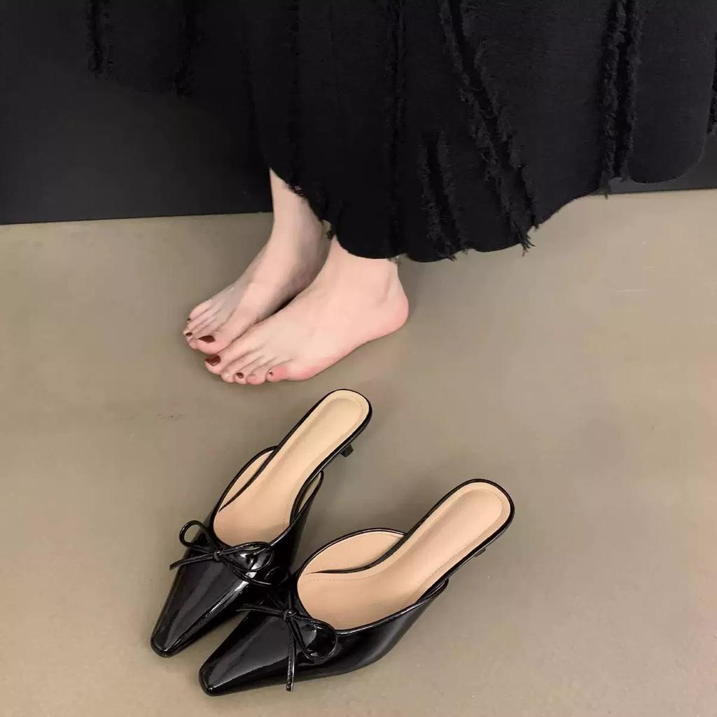 In the summer of 2025, the new bow mid-heel Muller shoes bag head half slippers women's large size high-heeled single shoes cool slippers