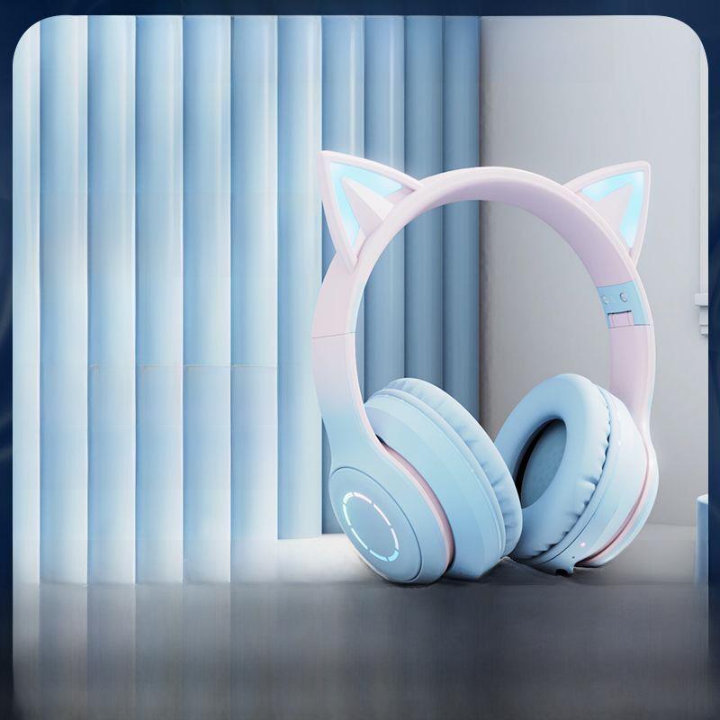 Világító színátmenetes macskafüles Bluetooth fejhallgató online órákhoz és játékhoz - univerzális ajándék kiadás