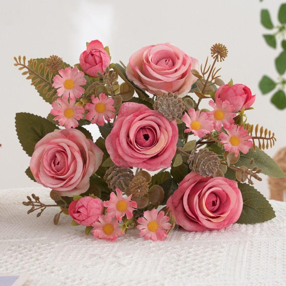 Multicolor Rose Artificial Flowers Green leaves Silk Petals Faux Daisy Flower Scene Landscaping Bridal Bouquet Decorative Flower