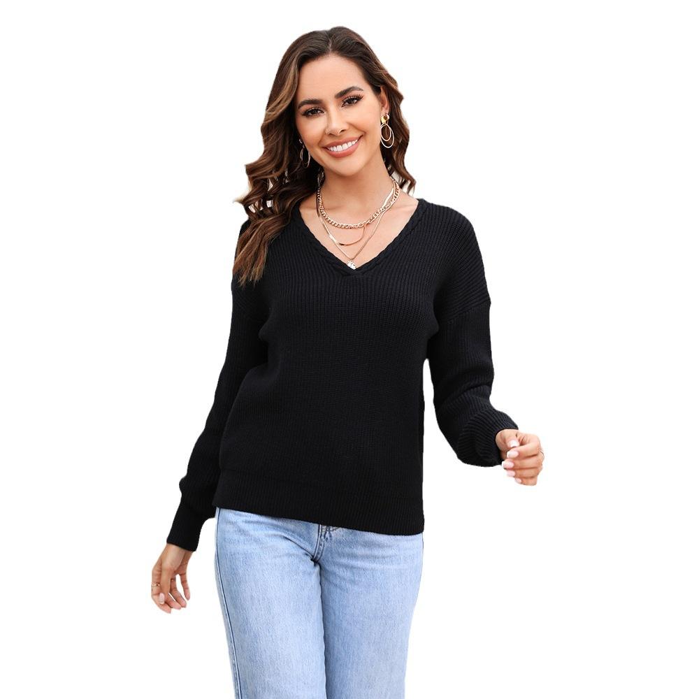 

Женский осенне-зимний свитер-пуловер с V-образным вырезом и переплетенными нитями XL чёрный