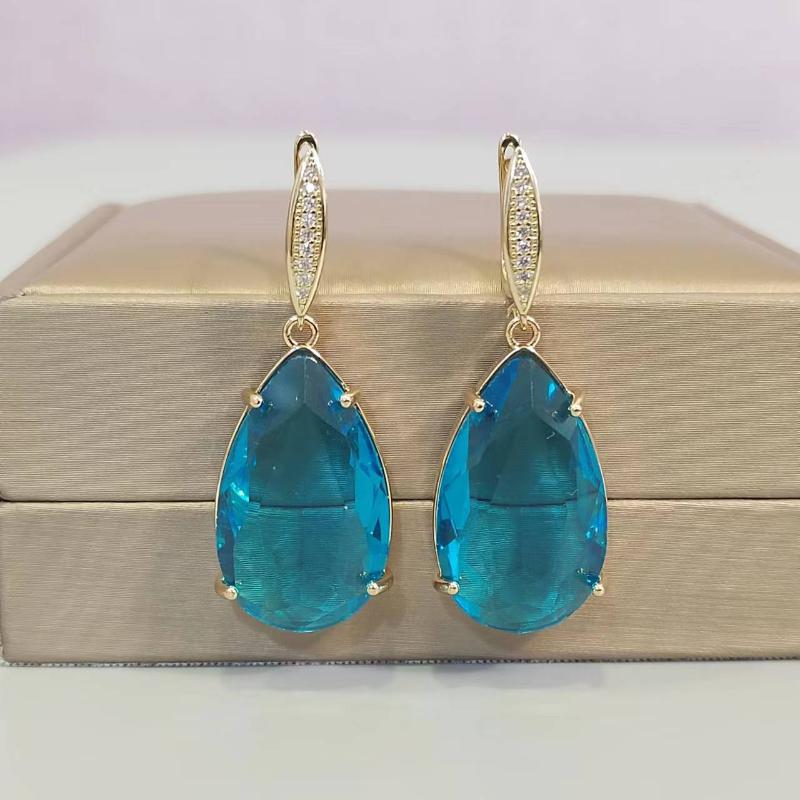 Blue Drop Shape Crystal Zircon Dangle Earrings for Women 2023 New Gold Color Earring Fashion Luxury Party Jewelry Accessories