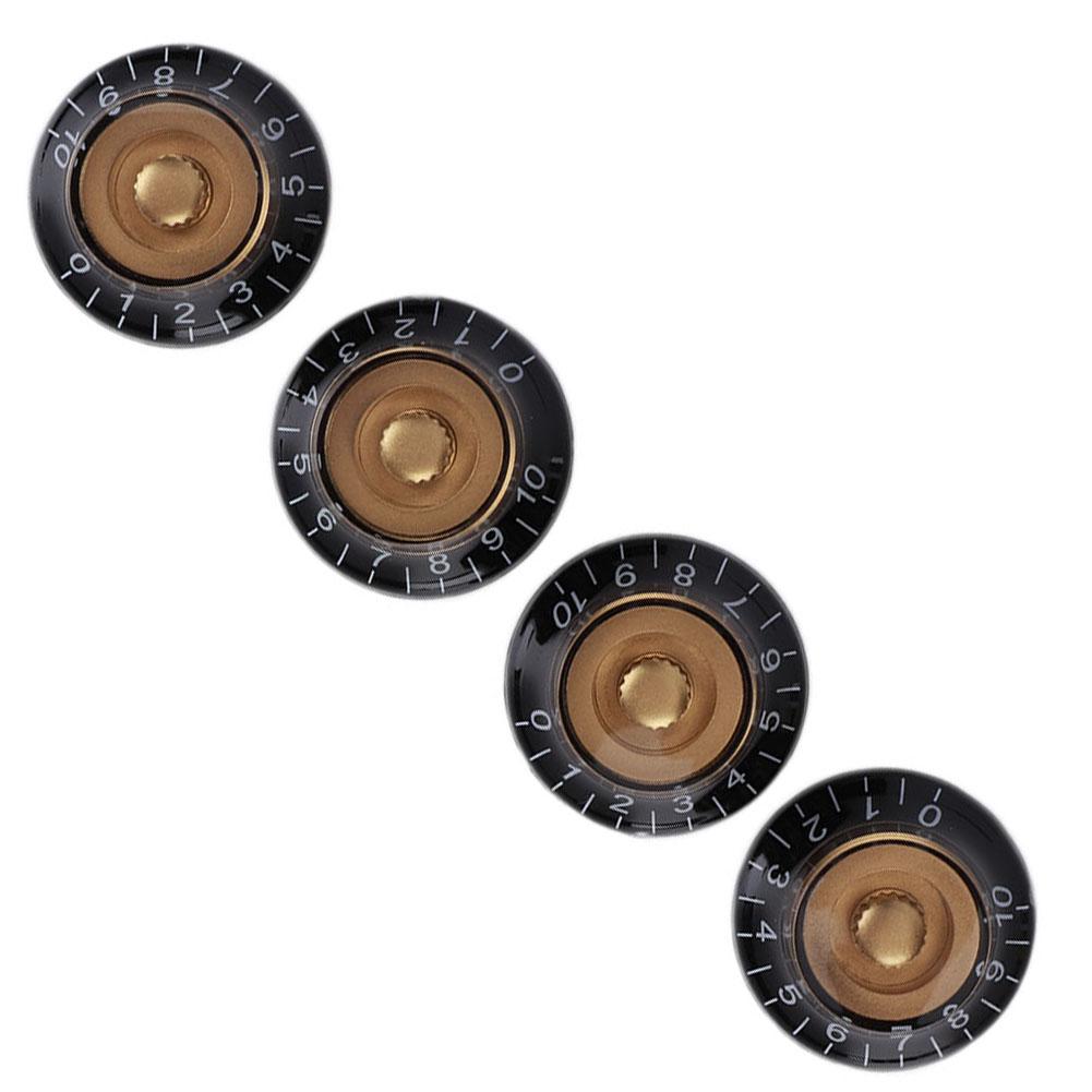 4 Stück Tonreglerknopf Transparent Glocke Lautstärke Musikinstrument Zubehör für Gitarre Bass Gold mit schwarzer Beschriftung