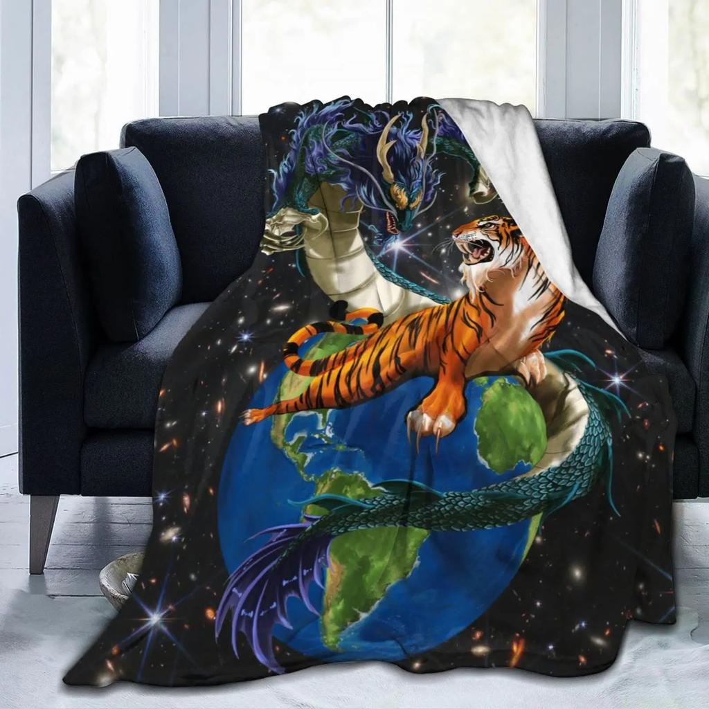 Dragon Tiger Print Soft Warm Throw Blanket Cartoon Animals Pattern Lightweight Flannel Bed Blanket Boy Teenagers Adults Blankets