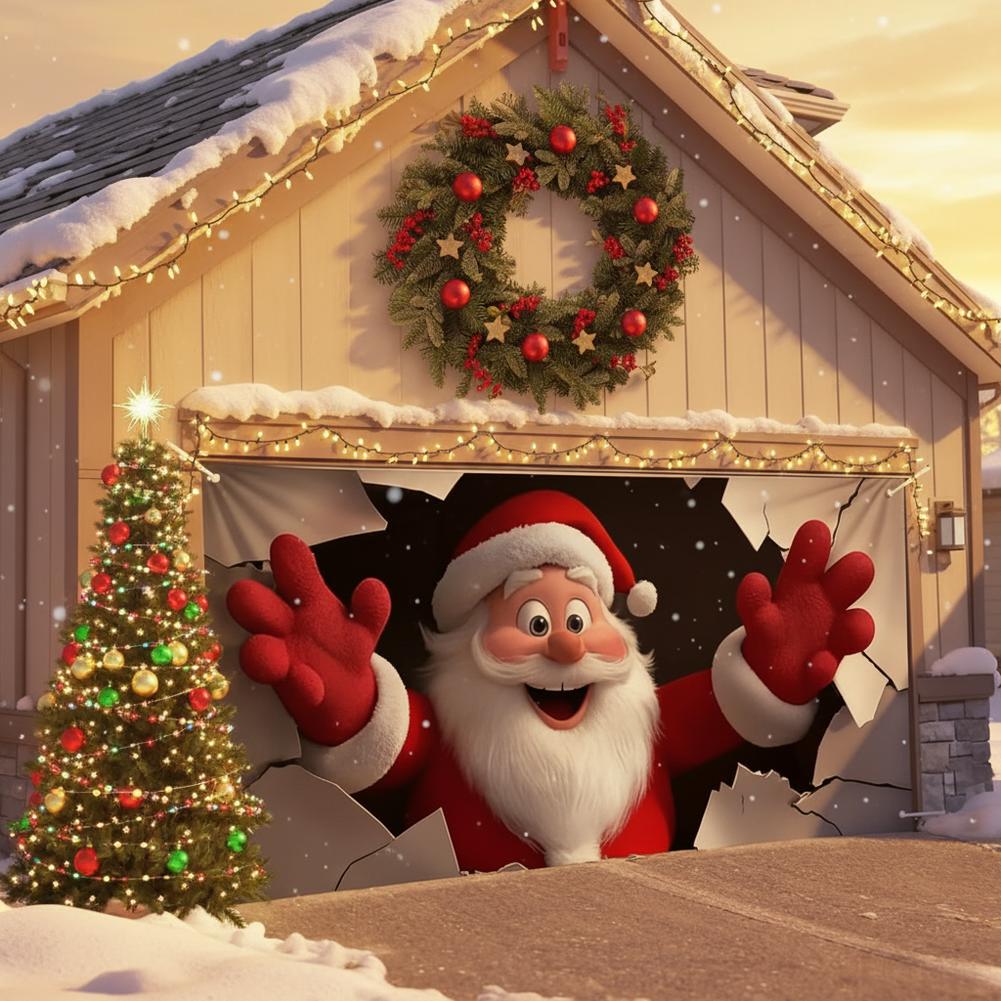 Christmas Background Cloth Santa Claus Breaking Open Paper Garage Door Banner For Living Room Entrance Corridor Window Clings