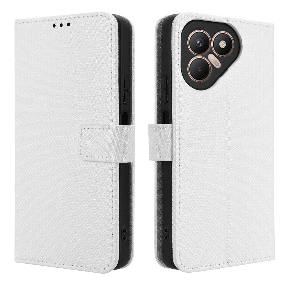 

For TECNO Pova 7 4G/LJ6 Leather Wallet Case with Strap Diamond Texture Phone Cover White