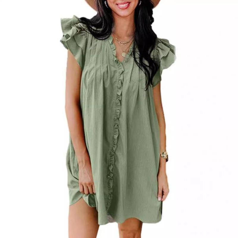 Fashion V-neck Ruffled Short-sleeved Dress Summer Solid Color Loose Shift Dress