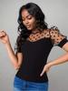 2025 Spring/Summer Women's Mesh Polka Dot Patchwork Slim-Fit Round Neck T-shirt