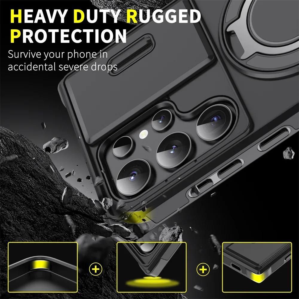 Armor Magnetic Bracket Case for Samsung S25 S24 S22 S21 S23 S20 Ultra Plus FE Slide Camera Protection Shockproof Cover