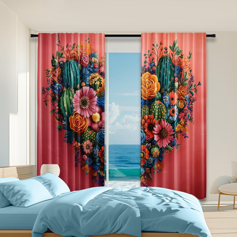 

Set Of 2 Versatile Polyester Transparent Curtains Home Decoration Mexican Corazon Blooming Heart Use Bedrooms Made Bedroom Window Treatment W100*H70(CM)-Hooks&2PCS