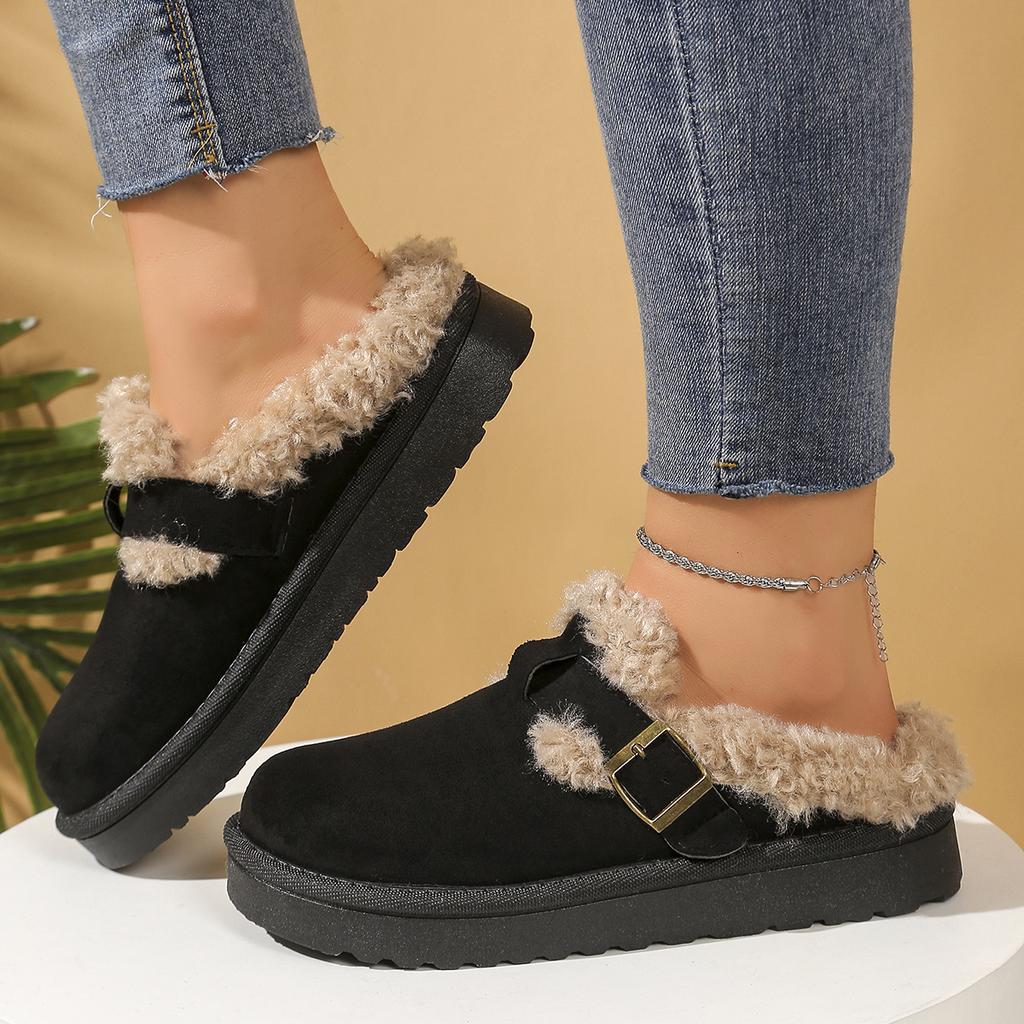 Fashion Casual Metal Buckle Decoration Cotton Outdoor Slippers Women 2025 Winter Thick Bottom Ankle Snow Boots Warm Short Plush Shoes