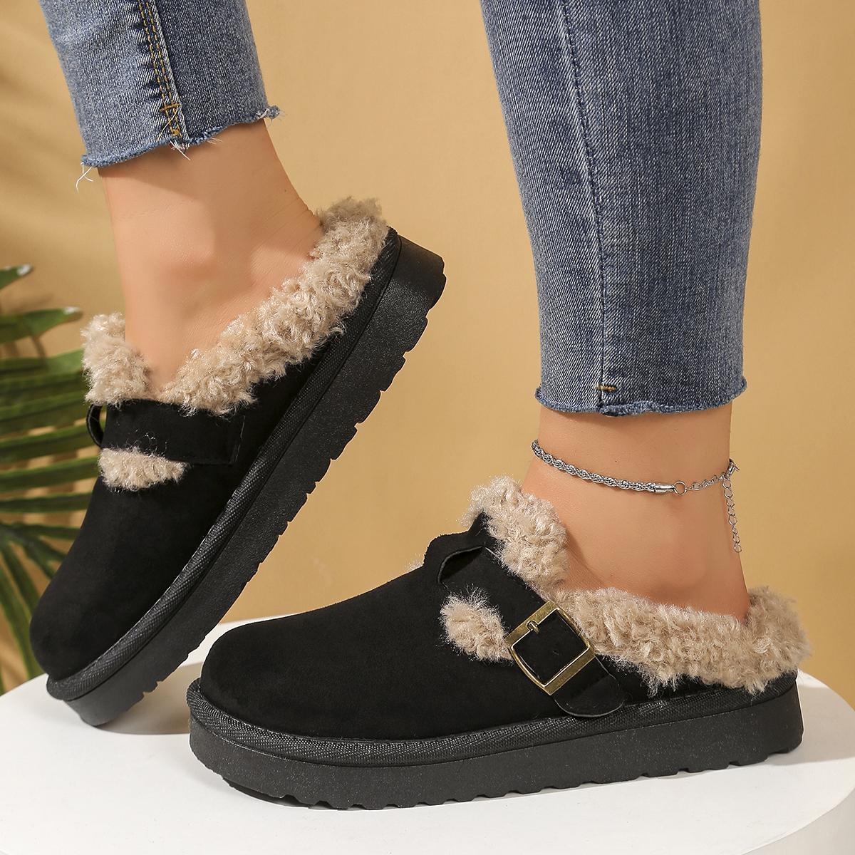 

Casual Metal Buckle Decoration Cotton Outdoor Slippers Women 2025 Winter Thick Bottom Ankle Snow Boots Warm Short Plush Shoes 41 чёрный