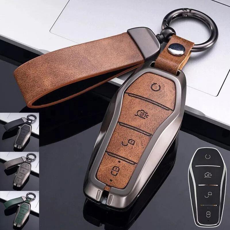 Car Key Case Cover with Zinc Alloy and Leather for BYD Song Qin Han EV and For Tang DM Provides Longevity and Protection