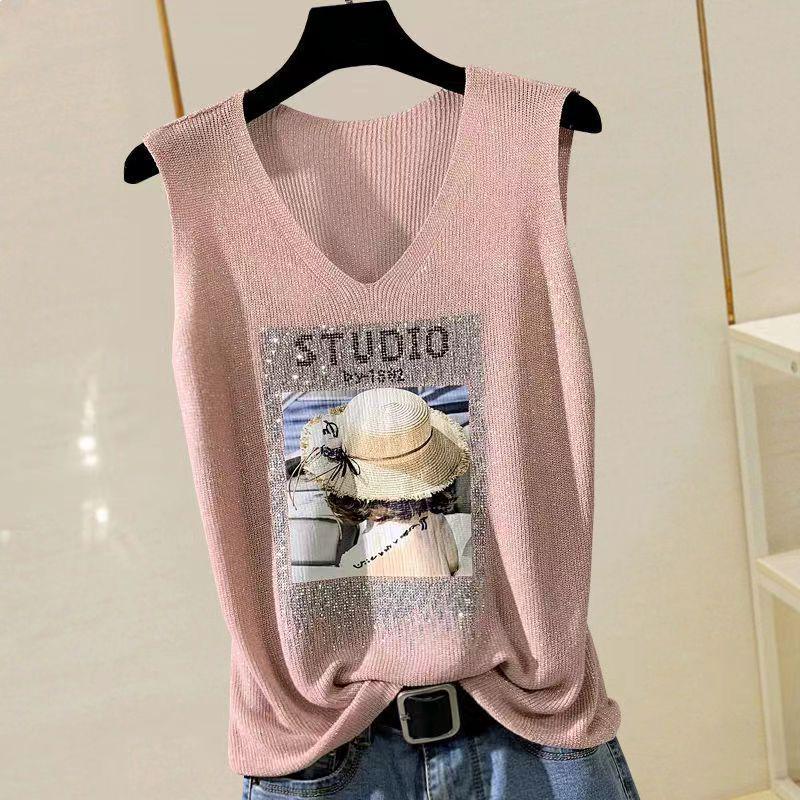 2023 Shiny Silk Sleeveless V-Neck Women's Vest - Spring/Summer New Style, Loose Fit with Hot Diamond Sling Knitted Design