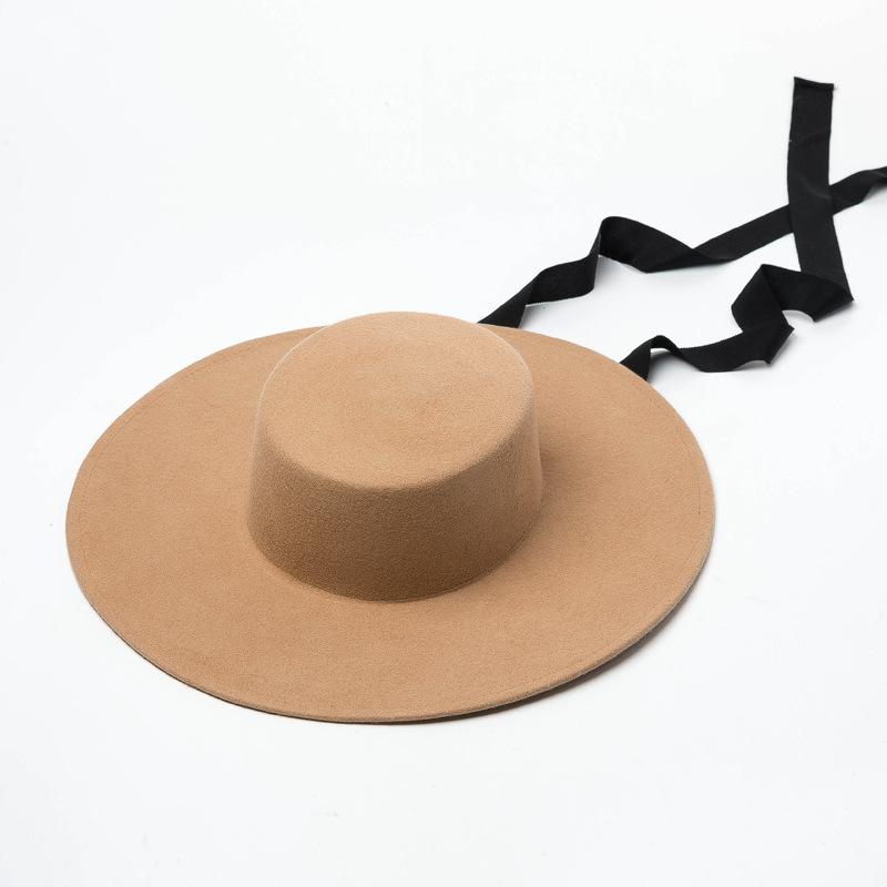 

2026 Wide Big Brim 100% Wool Fedoras Hats Women Stage Show Flat Top Felt Cap Winter Lady French Vintage Top Hats with Bandage 56cm верблюд