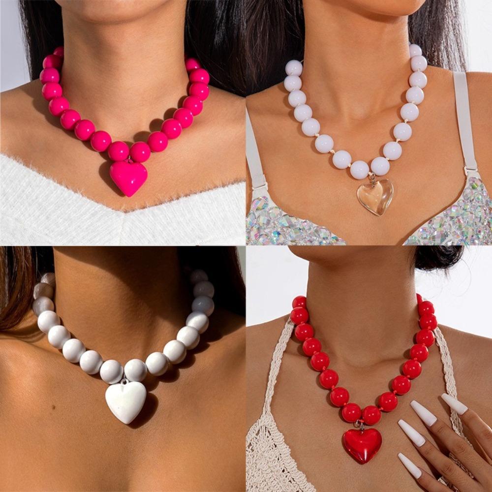 Exaggerated Round Bead Heart Pendant Necklace Adjustable Party Jewelry Gift Chain Choker Handmade Collar Necklace for Women