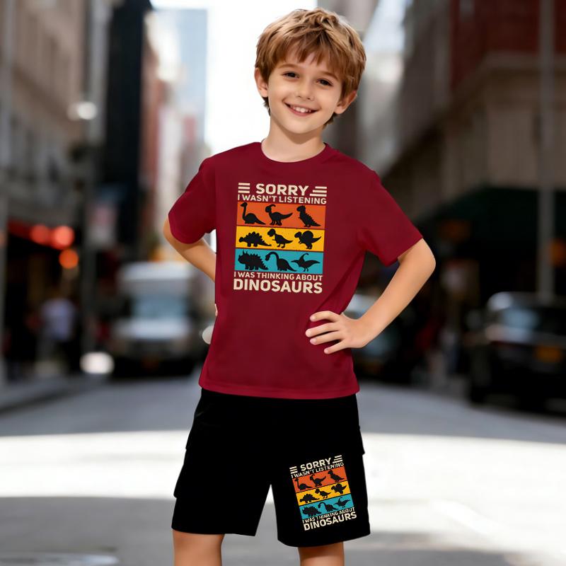 Boys 2 Piece Dinosaur-themed Printed Outfit, Short Sleeve T-Shirt and Shorts Set for Kids Age 5-14,Black and White Sporty Casual Summer Clothes