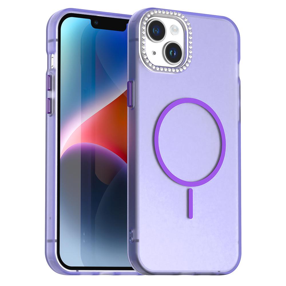 For iPhone 14/13 Case Compatible with MagSafe TPU+PC+PET Phone Cover Rhinestone Decor Lens Frame