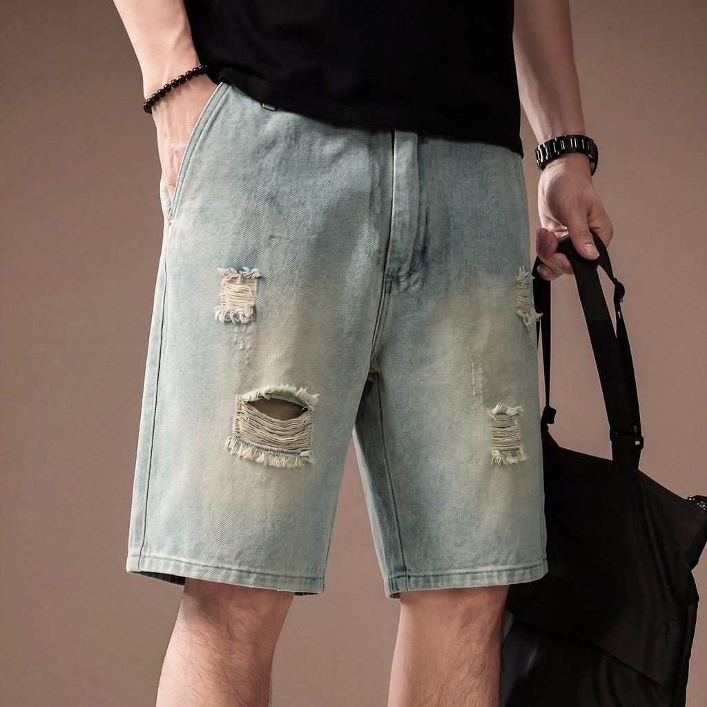 Hochwertige amerikanische gewaschene zerrissene Denim-Shorts Herren Sommer Neu Locker und atmungsaktiv Gerade Fünf-Punkt-Hose