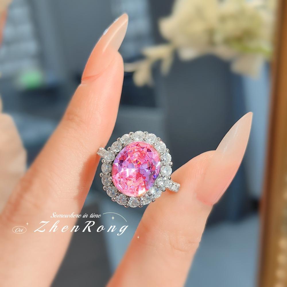 Elegant Open Ring Pink Diamond Women Ring Light Luxury Classic Pigeon Egg High Carbon Diamond Fashion Jewelry adjustable