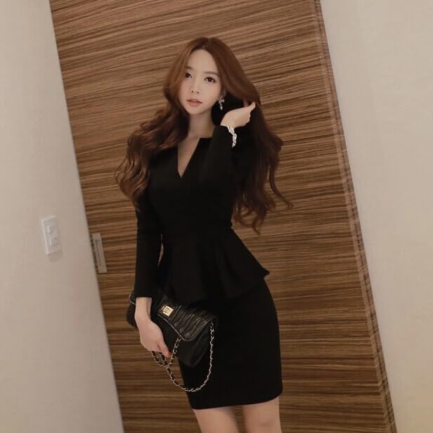 Cabaret Night Sexy Mini Long Elegant Peplum Party Dress Slim [MIEONLINE] Women's V-Neck Dress, Club, Out, Skirt, Sleeves, Dress, (JP, Alphabet, M,