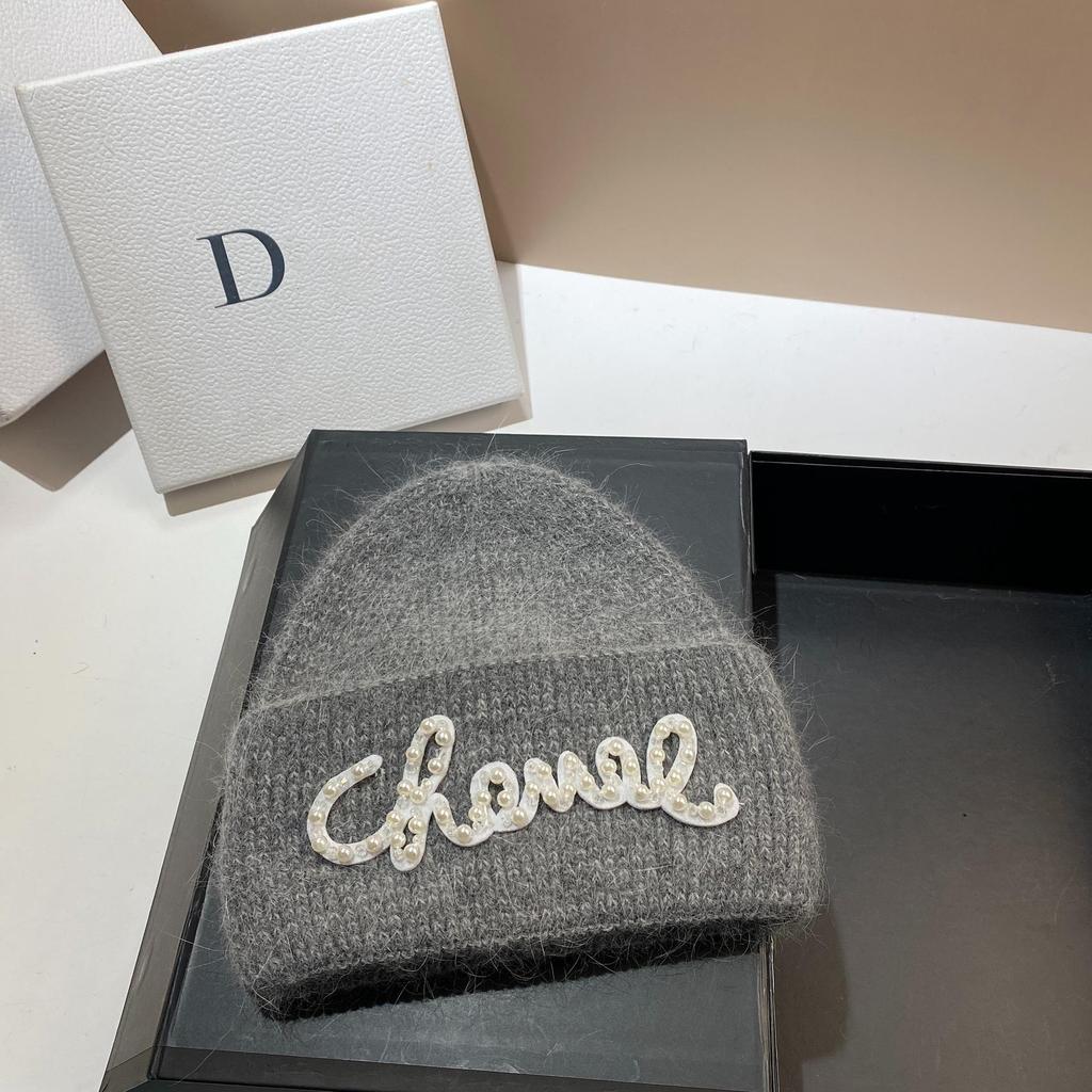 Pearl Hat Rabbit Hair Warm Knit Hat Women's Fashionable Winter Cold Hat Increase And Lengthen Double Folded Edges Hat