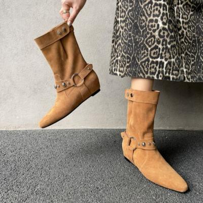 Pointed Toe Chelsea Boots For Women Western Ethnic Cowboy Boots Metal Decoration Ankle Boots Designer Solid Color Female Shoes