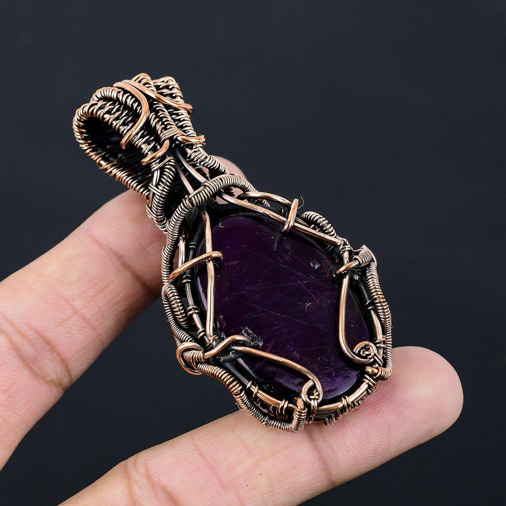 Unique Purple Flash Labradorite Gemstone Handmade Pure Copper Wire Wrapped Pendant Jewelry