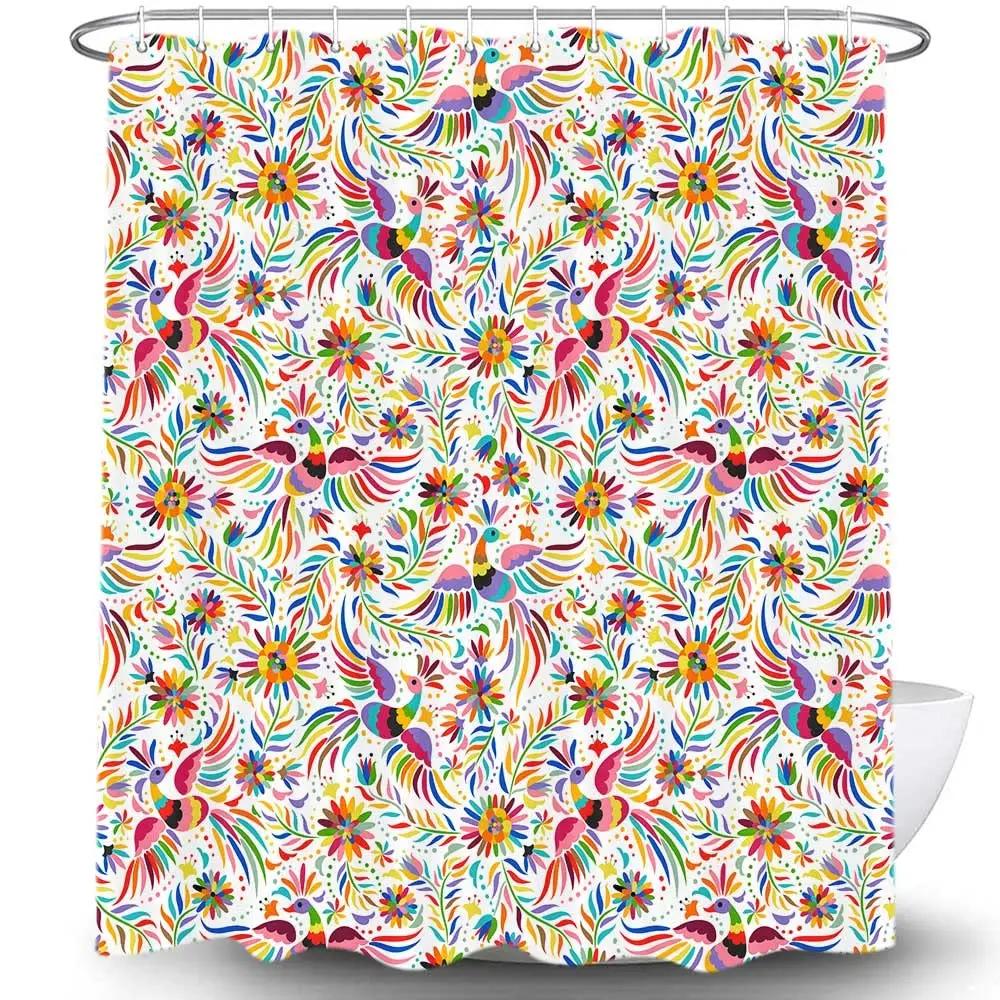 Mexican Floral Shower Curtain, Ethnic Art, Birds And Paisley, Flowers In White,Polyester, Waterproof, Bathroom Decor