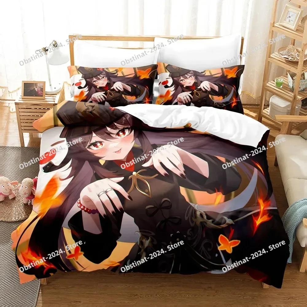 Hu Tao Bedding Set Genshin Impact Duvet Cover 3D Game Home Textile with Pillowcase for Teens Adults Kids Men Women Bedroom Decor