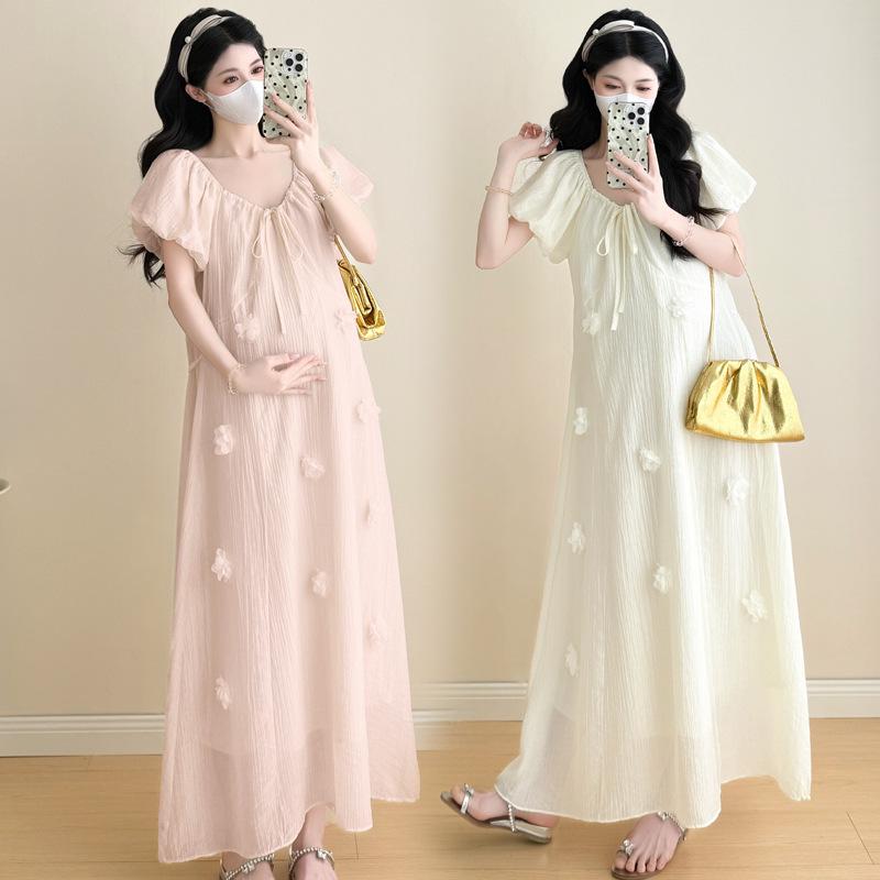 2026 Summer Korean Style Puff Sleeve Knee-Length Maternity Dress