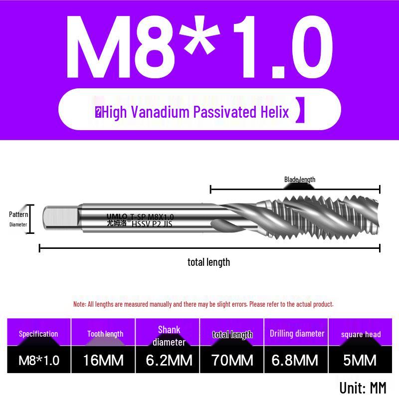 UMLO High Vanadium Spiral Tap Machine for M3-M10 Stainless Steel Tapping