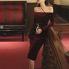 Elegant Burgundy One-Shoulder Velvet Dress, Retro-Inspired Party Skirt