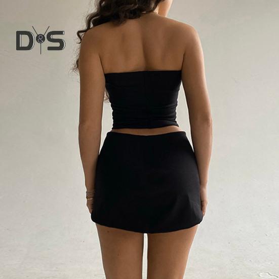 Zweiteiliges Rock-Set für Damen, trägerloses Bandeau-Tube-Crop-Top und figurbetontes Minirock-Set, Sommer-Club-Outfit