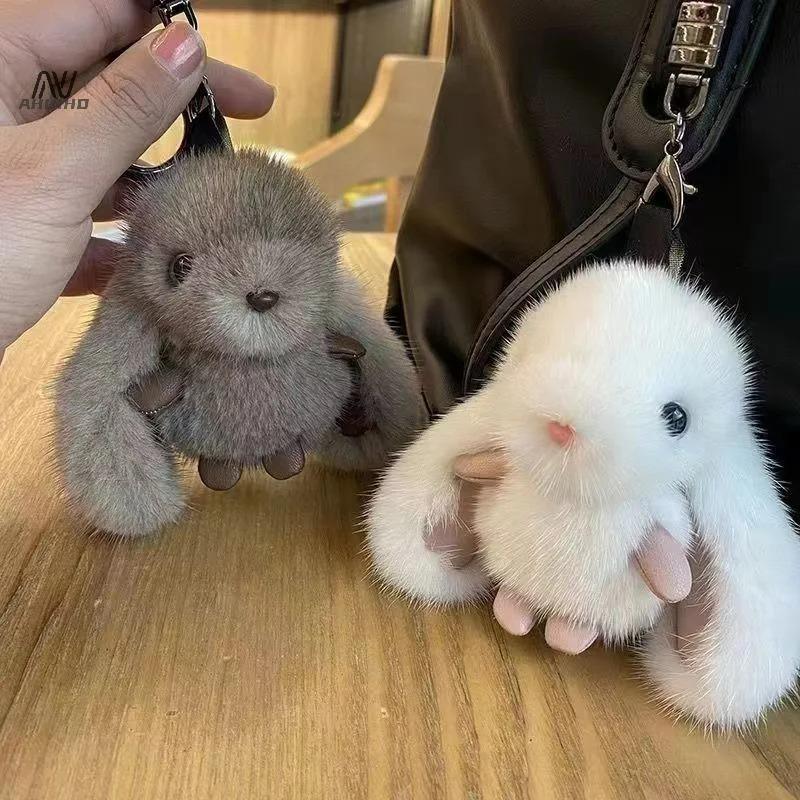 Cute Fluffy Rabbit Keychain Ring Plush Pompon Bunny Bag Pendant for Couple Car Key Ring Jewelry Doll Decorative Accessories Gift