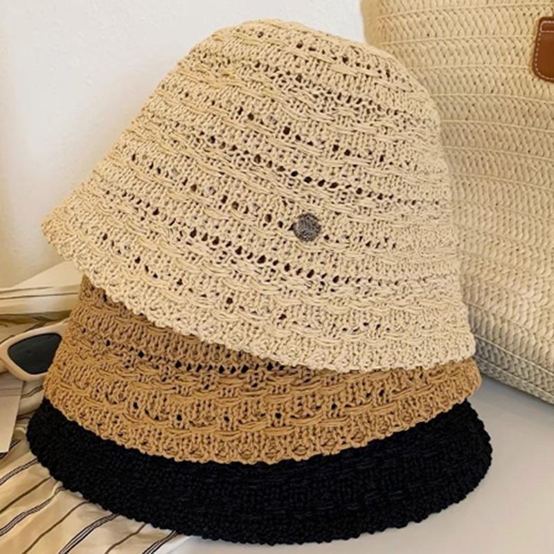 Cappello di Paglia Coreano da Spiaggia Estate Donna Visiera Traspirante Chic Cappelli a Secchiello Cappello da Pescatore Tessuto a Mano Ragazza Pesca Cappellini da Sole per Donne