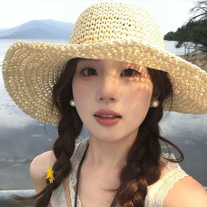 Fashion Beach Straw Hat for Women Visor Bucket Hat Fisherman Caps Spring Summer Breathable Hand Weaving Panama Fishing Sun Hats