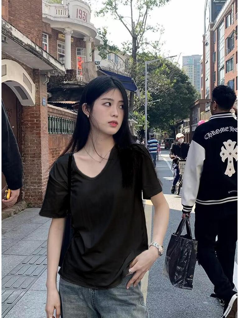 Damen Sommer Weiß Baumwolle U-Ausschnitt Kurzarm T-Shirt