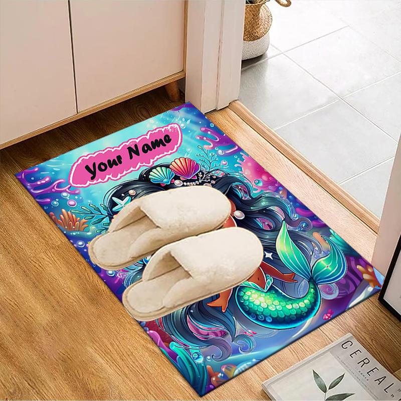 1PC Custom Name Mermaid Fantasy Underwater World Theme Floor Mat Ideal for Living Room, Game Rooms, Office, Bedroom Floor Mat Playful Design