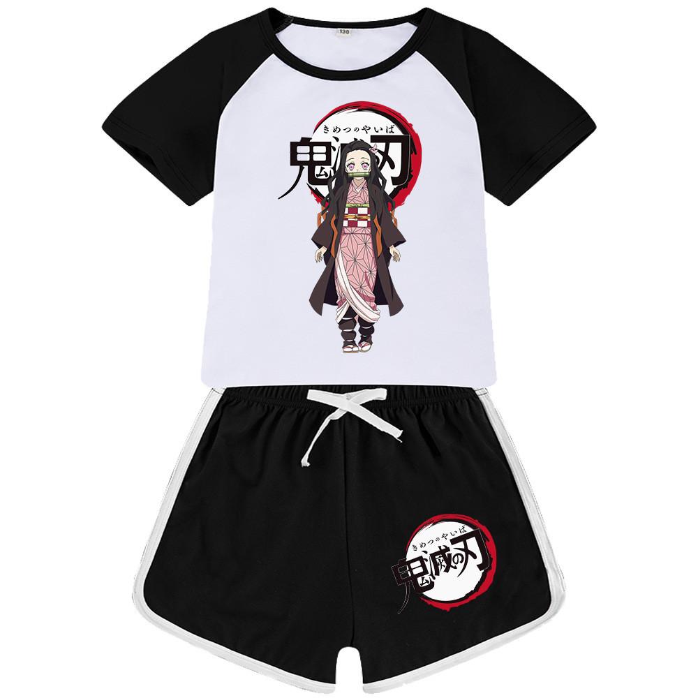 

QQ830 Kids Boys Girls Kimetsu No Yaiba Print Short Sleeves T-shirt Shorts Tracksuit Sets 170cm чорний