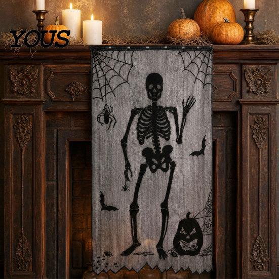 Gotische Halloween Tischdecken Türvorhang, Spitze Spinnennetz Kaminabdeckung, Gruseliges Skelett Hexe Komplette Dekoration Fledermausdruck Fenster Vorhänge für Zuhause