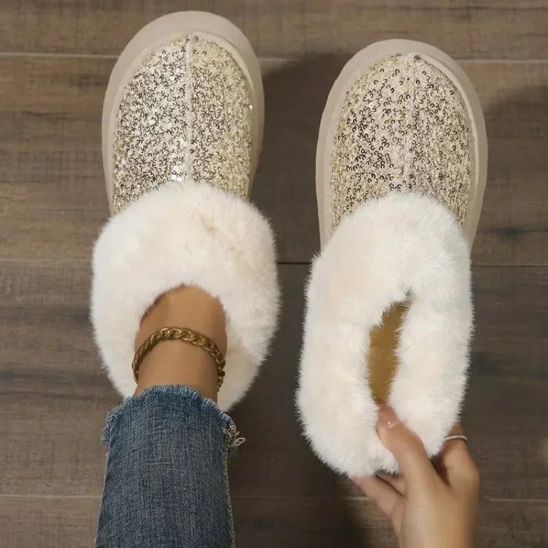 Winter Boots Women 2025 Fashion Sequined Cloth Warm Snow Boots Woman Non-Slip Thicken Plush Ankle Booties Plus Size 44 Faux Fur