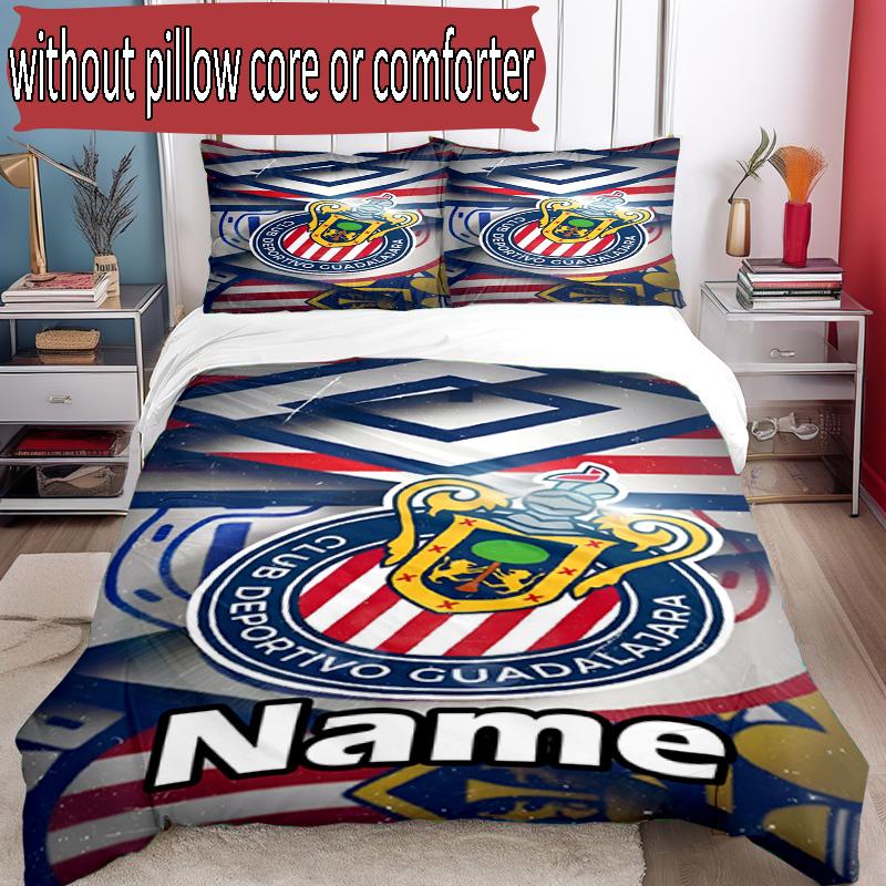3pcs Duvet Cover Set (1*Duvet Cover + 2*Pillowcase, Without Core), Custom Name Club Deportivo Guadalajara Pattern Bedding Set, Home Bedroom Decor Gift