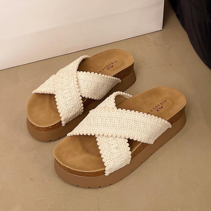 

thick-soled cross-strapped cool slippers for women s summer wear 2025 new models with skirts Bohemian beach one-word sandals 40 бежевый