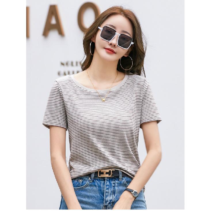 Women'S Striped T-Shirt Elegant Slim O-Neck Short Sleeve Cotton Top Loose Fit Office Casual Knitted Summer Women'S Tee Shirt
