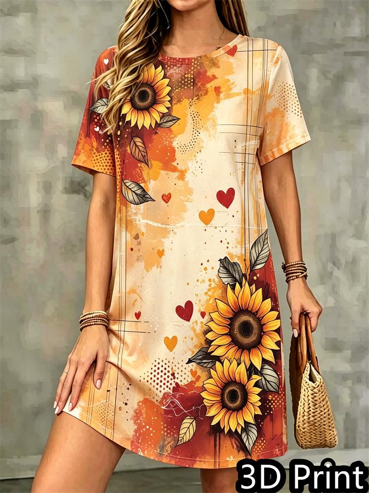 Fashion 3D Print Summer Dress Loose Casual Short Sleeve O-Neck Mini Dress